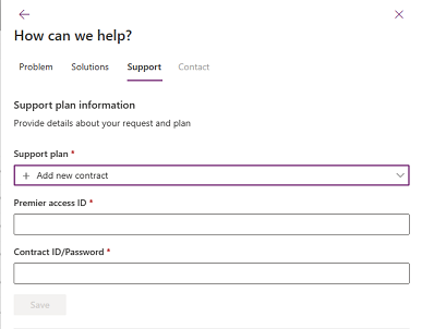 Cuplikan layar tab Dukungan, memperlihatkan tempat untuk memilih Tambahkan kontrak baru.