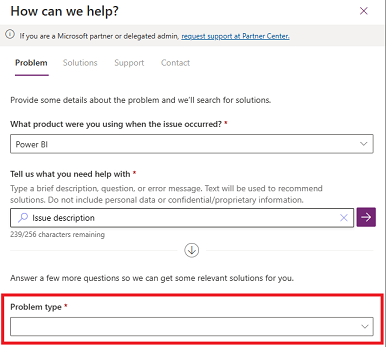 Cuplikan layar Bagaimana kami dapat membantu, memperlihatkan tempat menemukan bidang Jenis masalah.