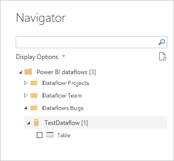 Cuplikan layar Navigator di Power BI Desktop memilih aliran data untuk disambungkan.