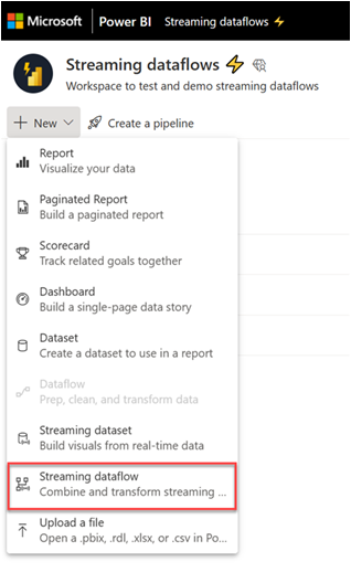Cuplikan layar yang memperlihatkan opsi menu Baru dengan aliran data streaming disorot.
