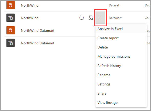 Cuplikan layar menu konteks datamart.