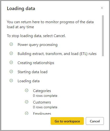 Cuplikan layar memuat data untuk datamart.