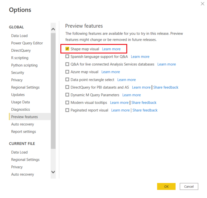 Cuplikan layar fitur pratinjau di panel Opsi.
