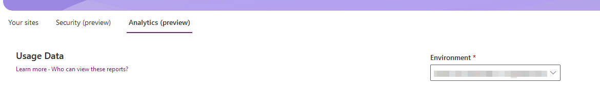 Cuplikan layar pusat admin Power Platform yang menampilkan dropdown Lingkungan Data Penggunaan Analitik.