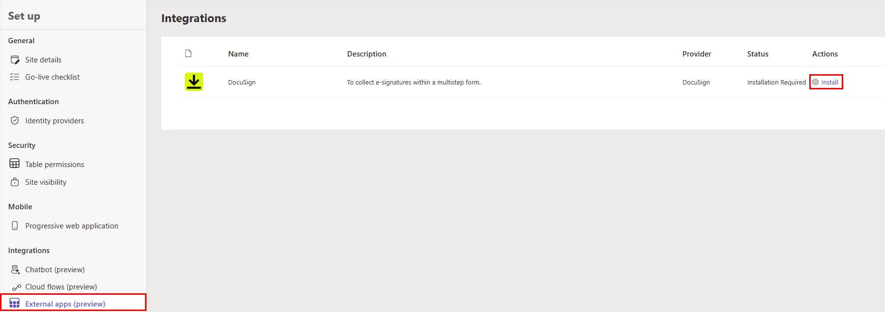 Tangkapan layar ruang kerja konfigurasi di studio desain Power Pages dengan pilihan menu Aplikasi Eksternal dipilih dan tombol instal untuk DocuSign ditekankan.