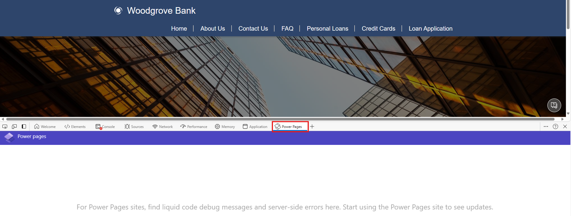 Tangkapan layar DevTools Microsoft Edge dengan Power Pages tab yang dipilih.
