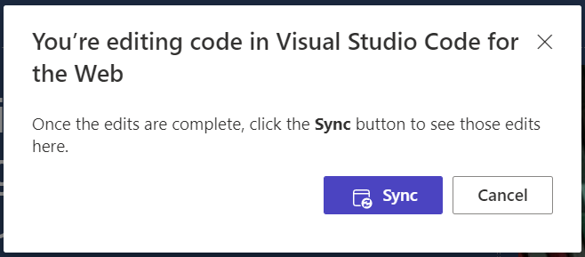 Antarmuka untuk memungkinkan pengguna memilih tombol Sinkronisasi untuk mensinkronisasi perubahan yang dibuat dalam Visual Studio Code ke studio desain.