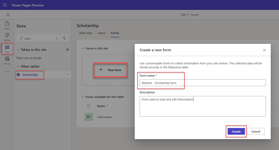 Buat formulir Dataverse baru.