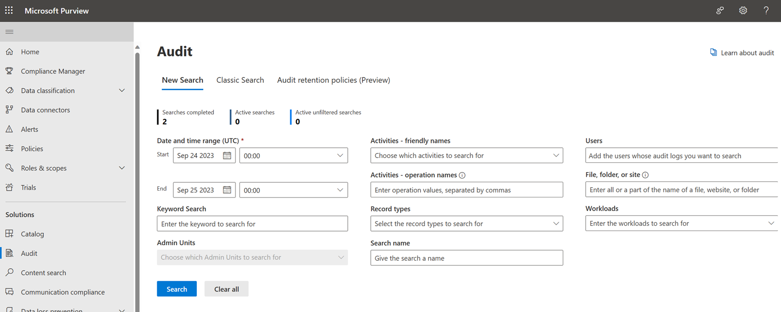 Halaman audit pencarian Microsoft Purview