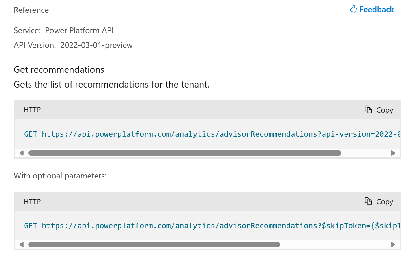 Menampilkan halaman referensi API yang tenang dengan parameter querystring opsional.