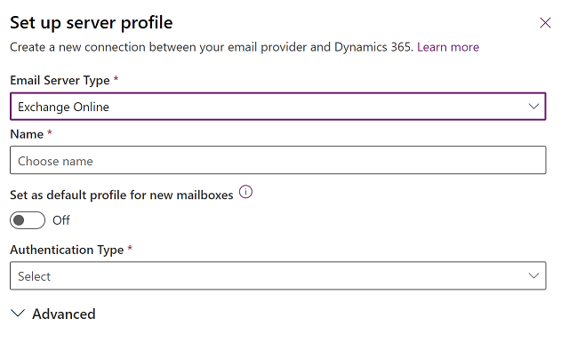 Cuplikan layar memilih Exchange Online profil server.