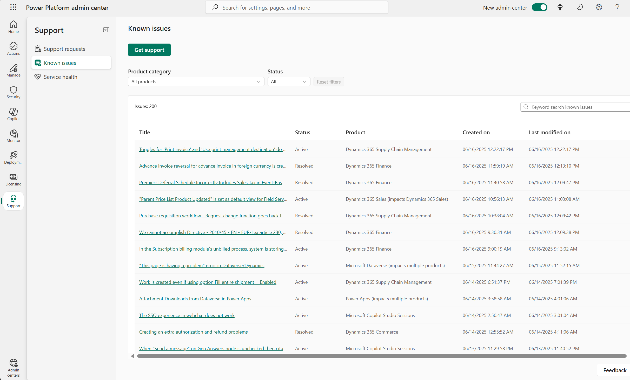 Screenshot yang menunjukkan tab Masalah umum di Power Platform pusat admin.