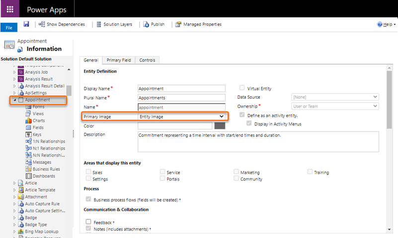 Gambar Entitas ditambahkan ke bidang Gambar Utama untuk entitas janji temu.
