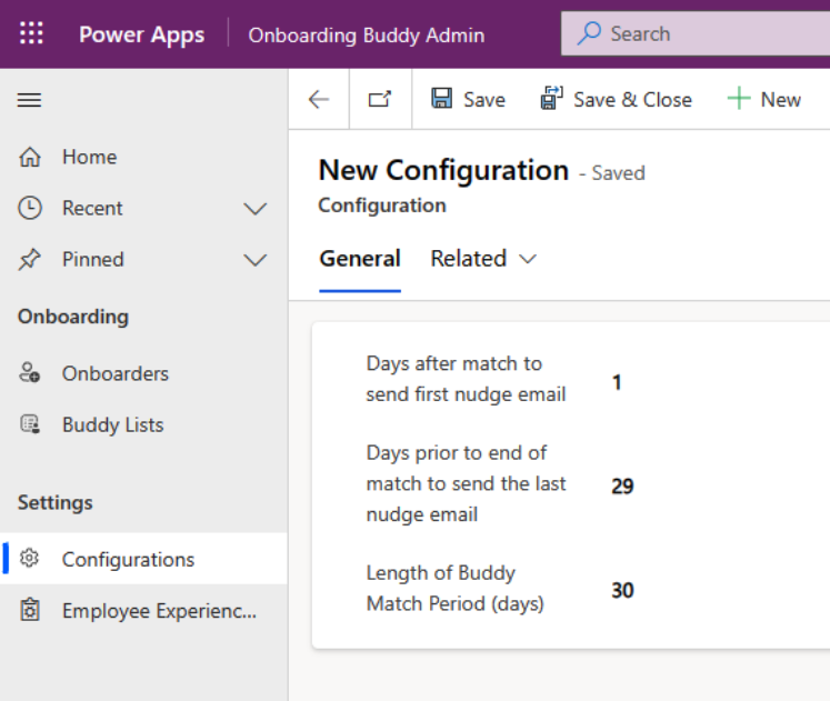 Cuplikan layar dari tiga opsi konfigurasi di aplikasi Onboarding Buddy Admin.