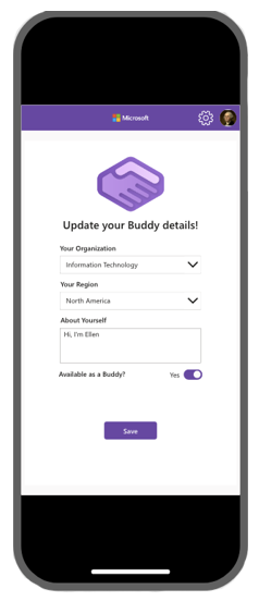 Cuplikan layar aplikasi Onboarding Buddy Perbarui detail teman Anda.