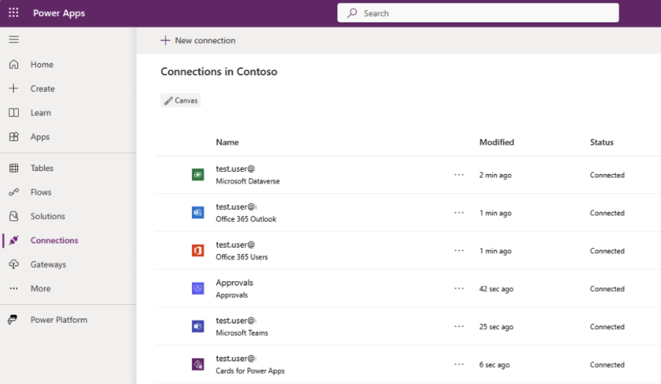Cuplikan layar daftar konektor yang dibuat untuk aplikasi Anda.