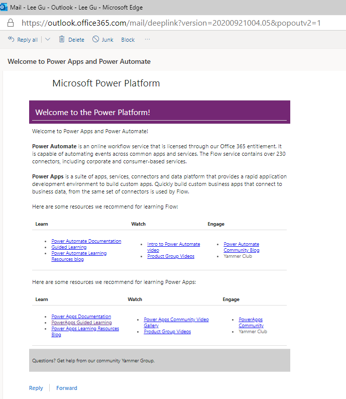 Tangkapan layar email yang menyambut pembuat baru dan menyajikan informasi tentang Power Apps dan Power Automate menyertakan sumber daya untuk memulai.
