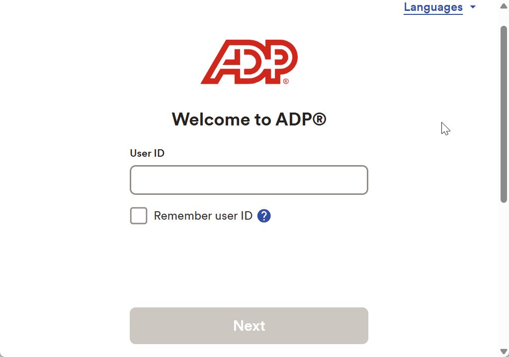 Cuplikan layar jendela ADP tempat Anda memasukkan ID Pengguna di ADP Analytics.