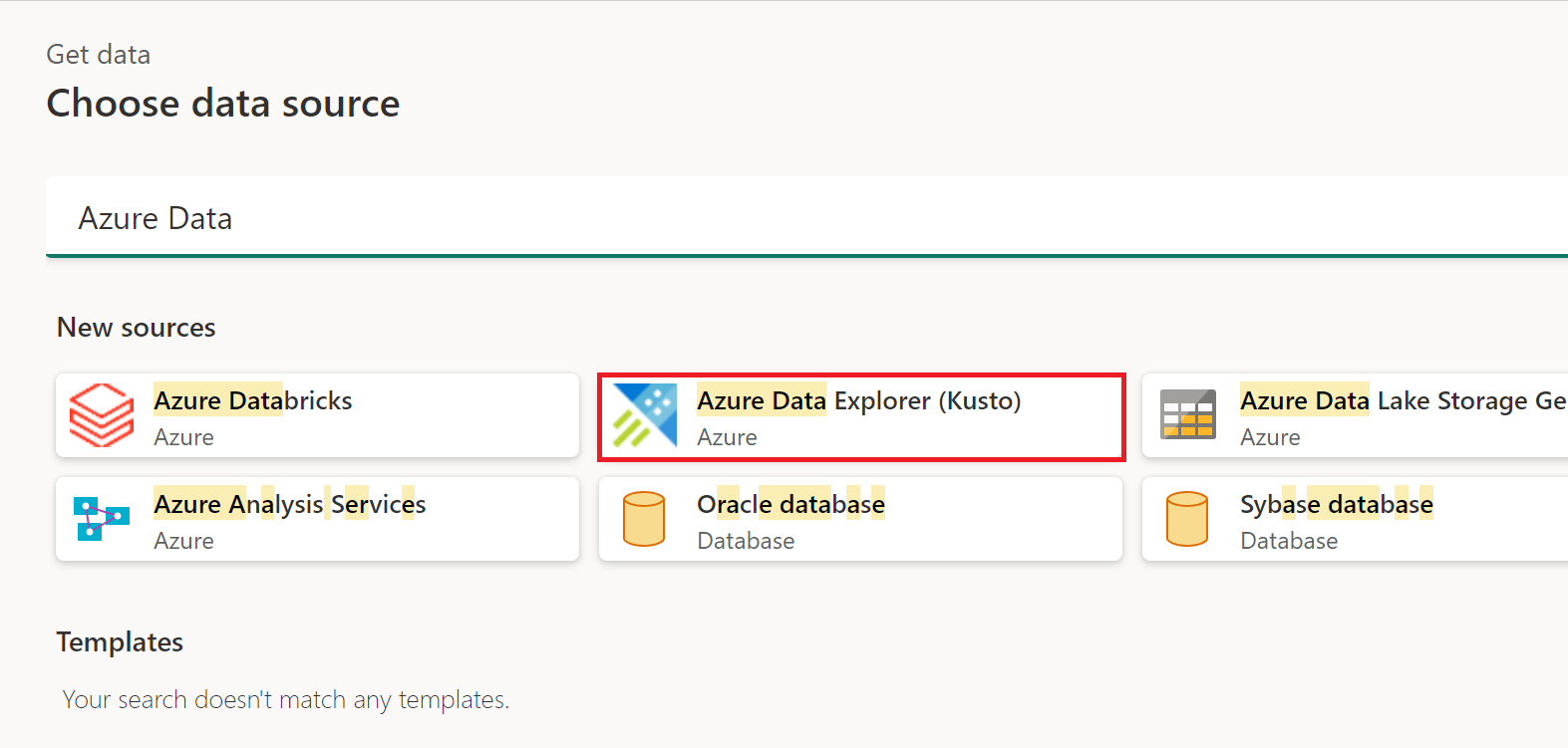 Cuplikan layar jendela dapatkan data dengan Azure Data Explorer ditekankan.