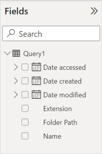 Cuplikan layar panel Bidang, memperlihatkan Kueri1, yang berisi bidang Tanggal diakses, Tanggal dibuat, Tanggal diubah, Ekstensi, Jalur Folder, dan Nama.