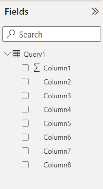 Cuplikan layar panel Bidang di Power BI, dengan Kueri1 sekarang menampilkan Kolom1 hingga Kolom8.