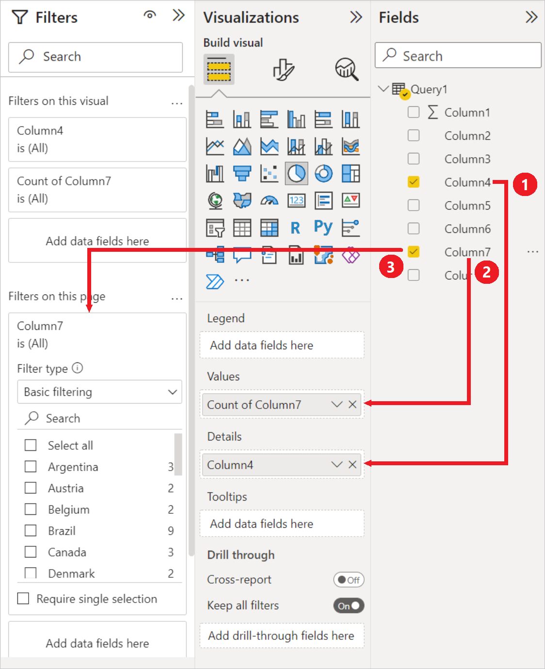 Cuplikan layar dengan Kolom4 diseret dan dihilangkan di Detail dan Kolom7 diseret dan dijatuhkan dalam Nilai di panel Visualisasi, dan Kolom7 juga diseret dan dijatuhkan ke Filter di halaman ini di panel Filter.