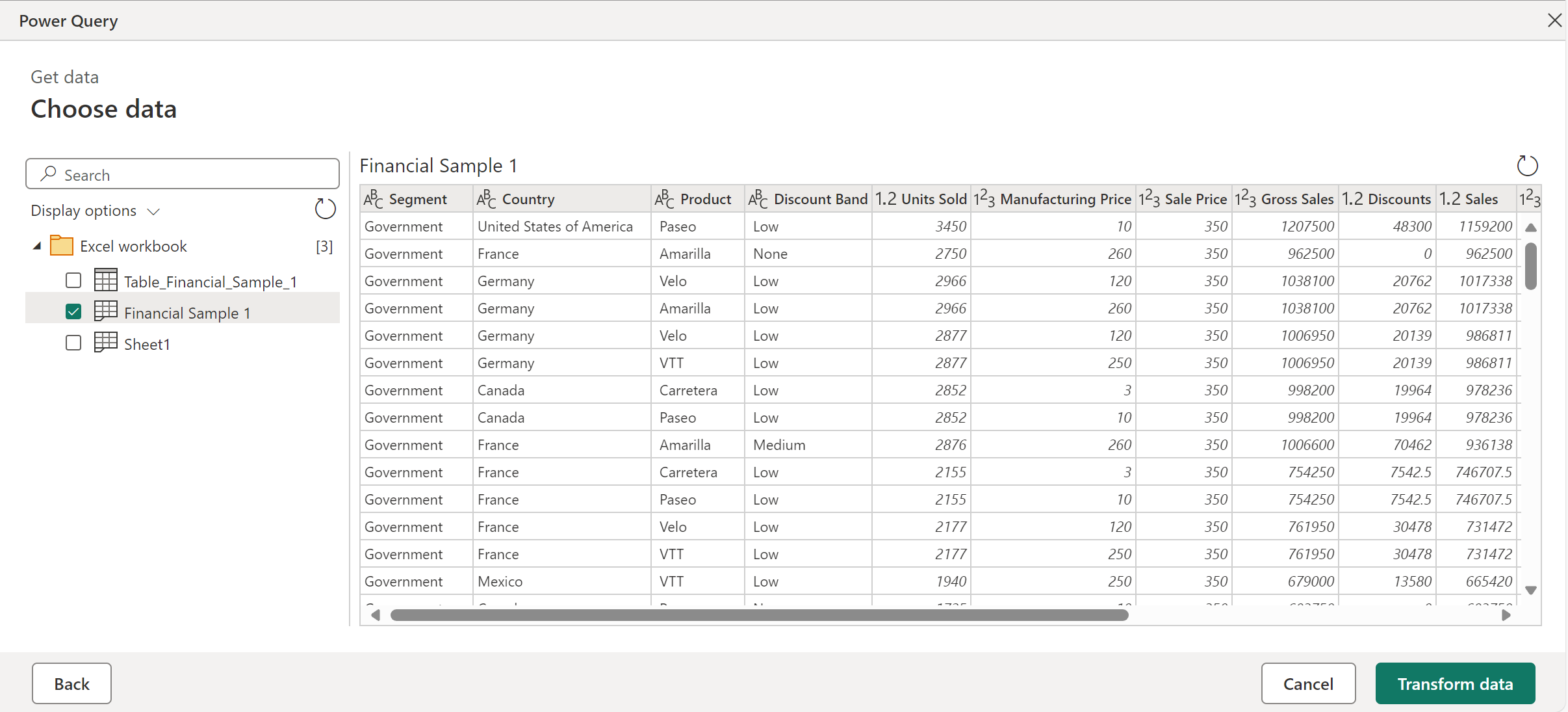 Cuplikan layar buku kerja Excel yang diimpor ke Navigator online Power Query.