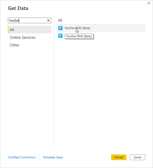 Gambar kotak dialog Dapatkan Data dengan FactSet RMS (Beta) ditekankan.