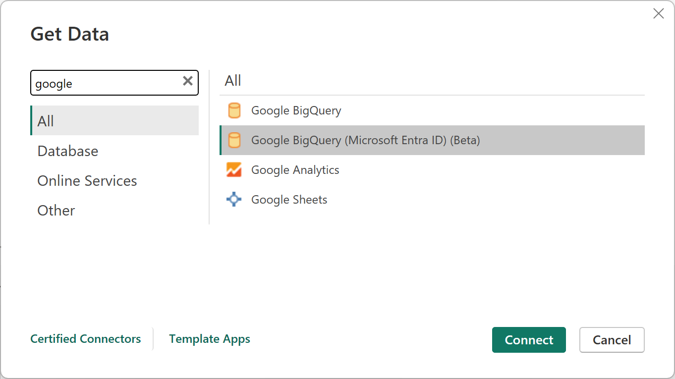 Cuplikan layar dengan dialog Dapatkan Data, dengan penekanan pada konektor Google BigQuery (ID Microsoft Entra).