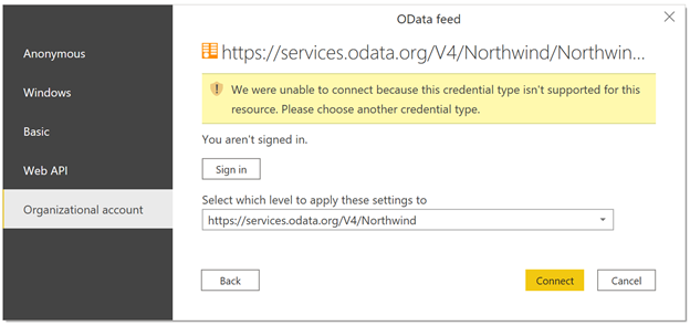 Kesalahan saat menyambungkan ke titik akhir yang tidak mendukung OAuth dengan konektor web.