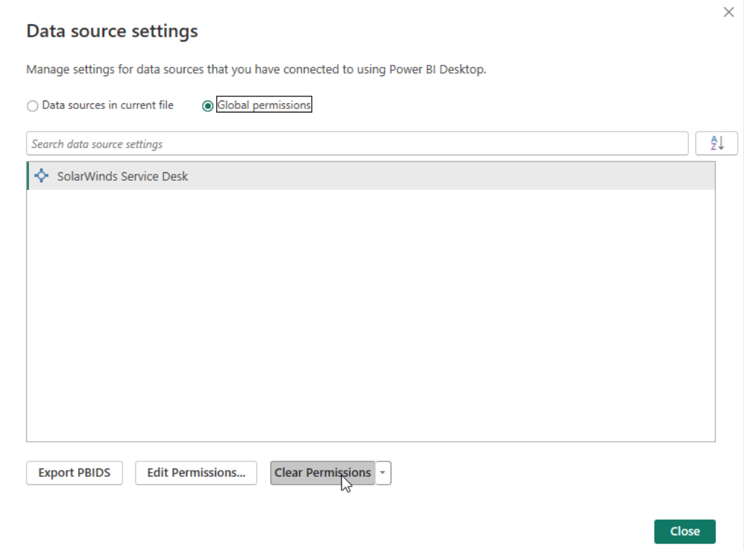 Cuplikan layar sumber data Pilih Meja Layanan SolarWinds.