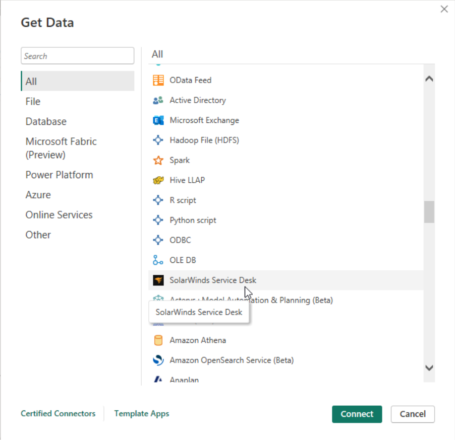 Cuplikan layar Dapatkan Data dari Meja Layanan SolarWinds.