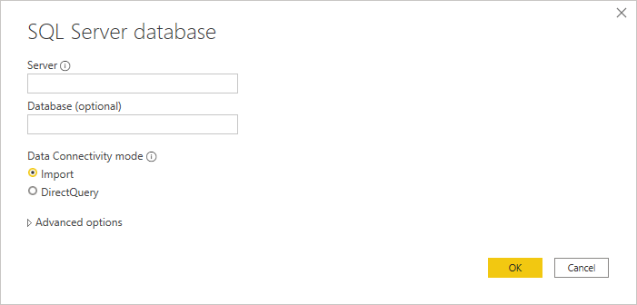 Penyusun koneksi database SQL Server di Power Query Desktop.