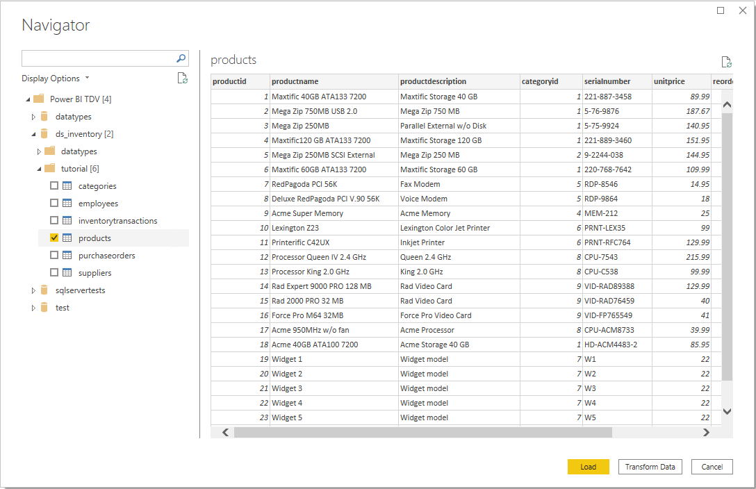 Power Query Desktop Navigator memperlihatkan data produk di TDV.