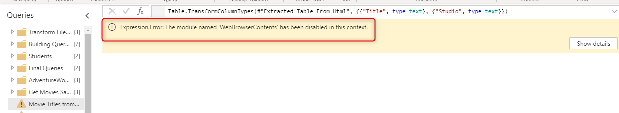 Fungsi yang tidak didukung dalam aliran data.