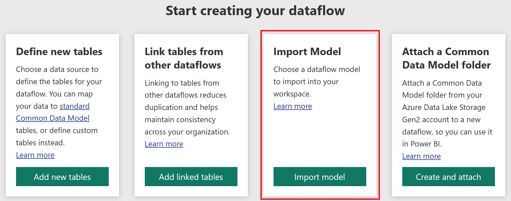Cuplikan layar halaman pembuatan aliran data dengan pilihan Impor Model ditekankan.