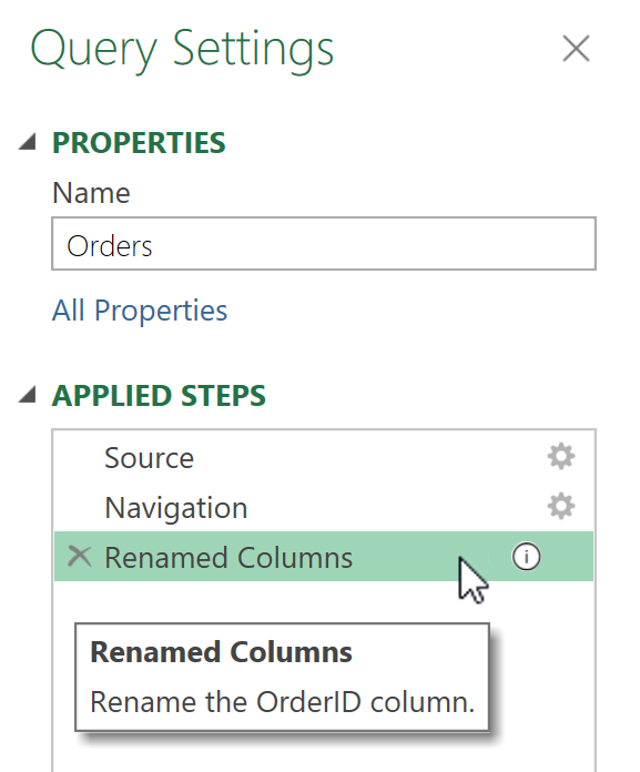 Cuplikan layar panel Pengaturan kueri dengan ikon deskripsi dan kursor mengarahkan kursor ke langkah untuk mengungkapkan nama langkah dan deskripsi langkah di Power Query Desktop.