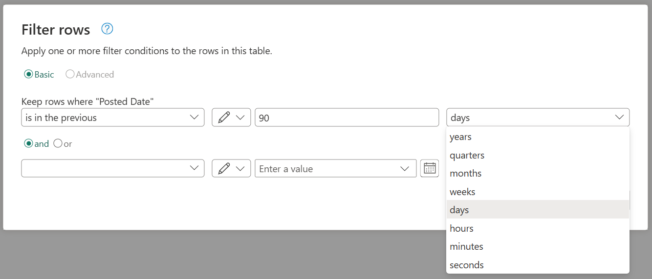 Cuplikan layar dialog Filter baris memperlihatkan filter tanggal khusus sebelumnya.
