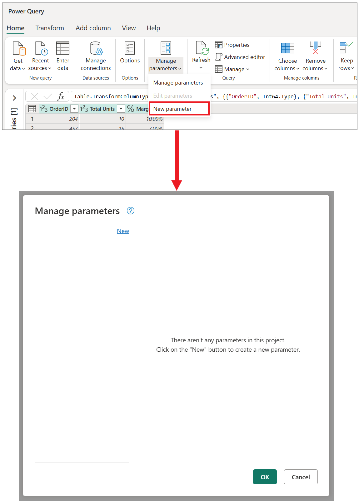 Cuplikan layar menu drop-down Kelola parameter dengan Parameter baru ditekankan dan dialog Kelola parameter.