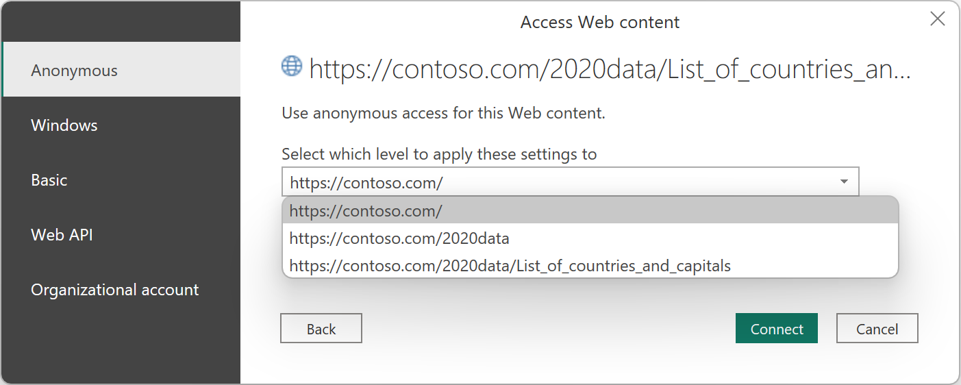 Cuplikan layar dialog autentikasi dengan pilihan tingkat ditampilkan dan tingkat diatur ke pengaturan default.