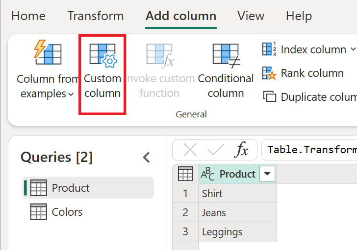 Cuplikan layar tab Tambahkan kolom Power Query dengan opsi Kolom kustom ditekankan.