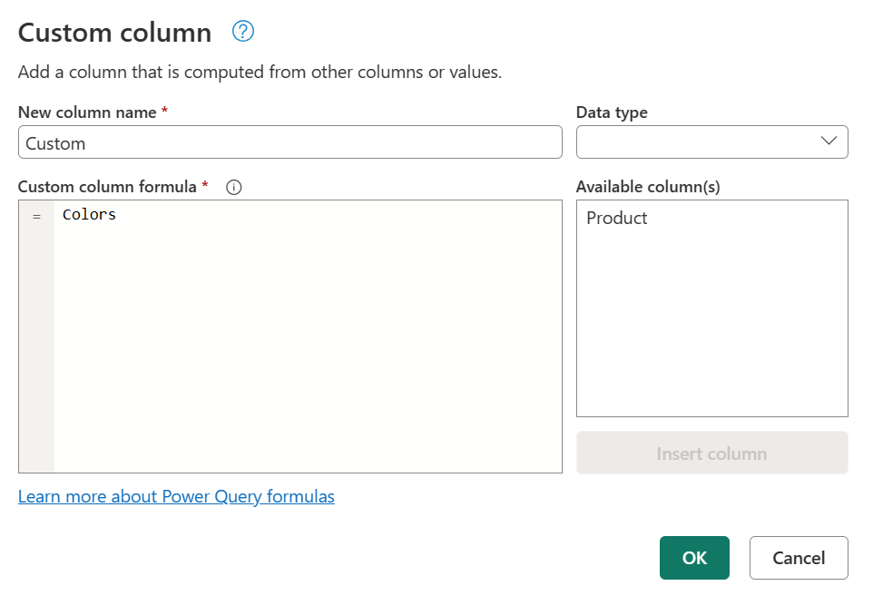 Cuplikan layar dialog kolom kustom untuk gabungan silang dengan rumus kolom Kustom yang diisi Warna.