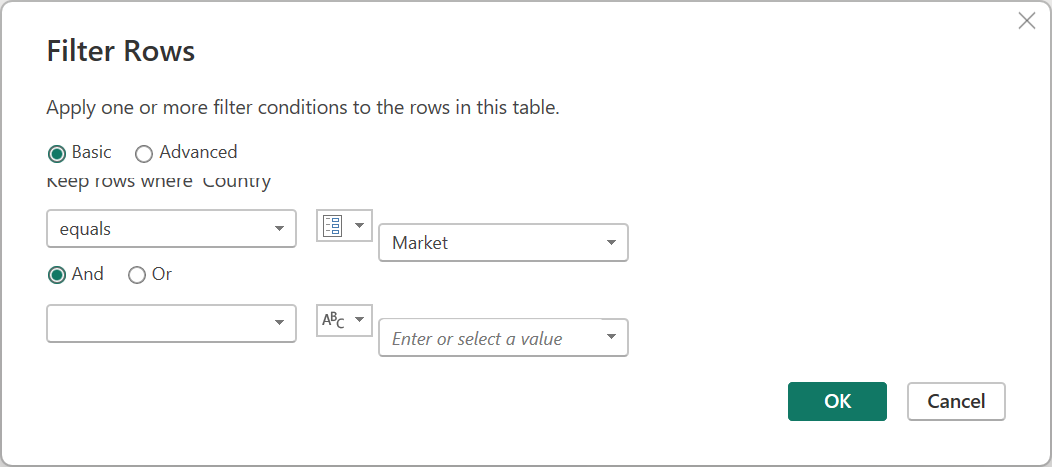 Cuplikan layar dialog filter baris dengan kolom Filter Negara menggunakan parameter Pasar baru.