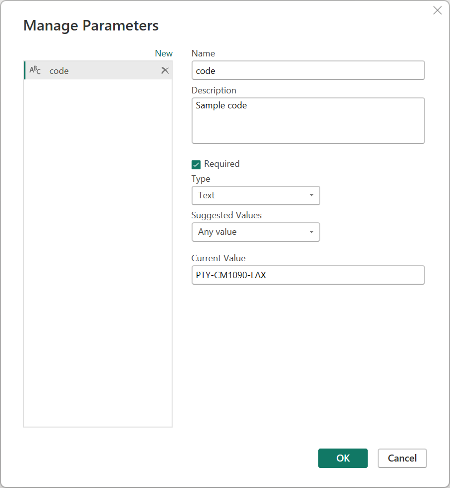 Cuplikan layar dialog Kelola Parameter dengan nilai kode parameter sampel yang dimasukkan.