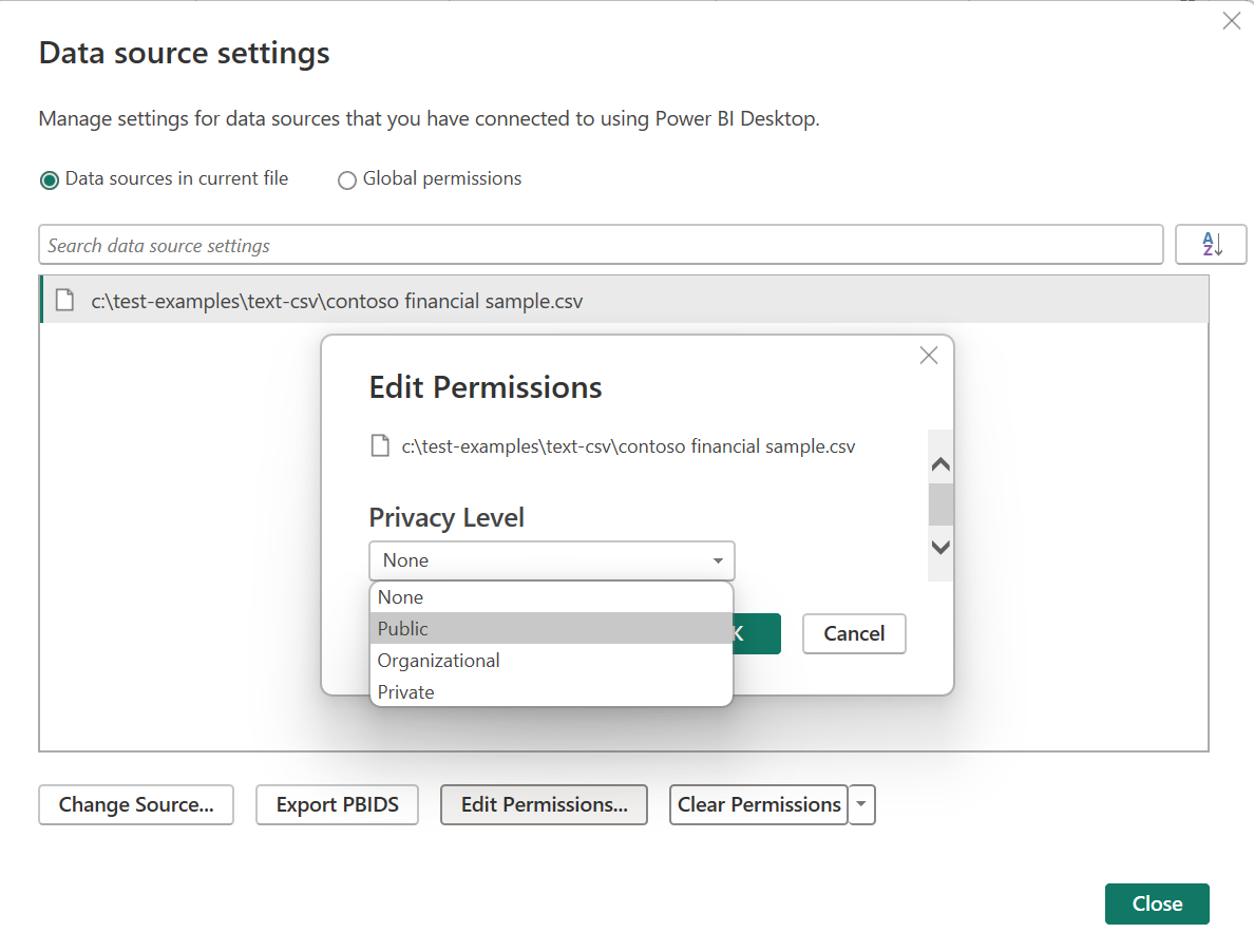 Cuplikan layar dialog opsi memperlihatkan pengaturan tingkat privasi tingkat file.