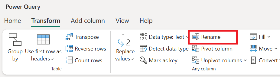 Cuplikan layar opsi Ganti nama kolom yang ditemukan di dalam kolom Apa pun di tab Transformasi.