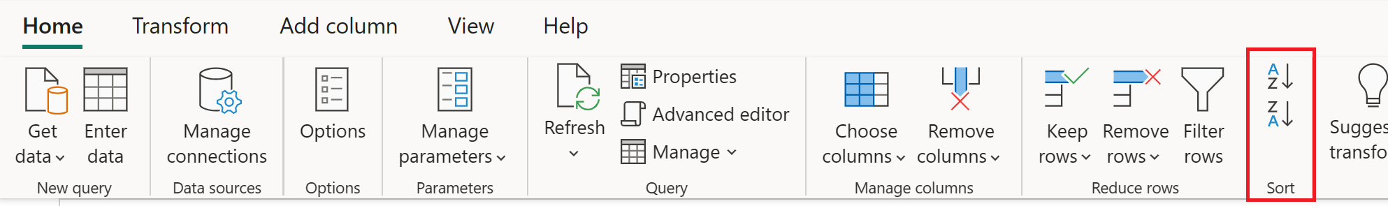 Cuplikan layar pita Power Query dengan tab Beranda dipilih dan grup pengurutan ditekankan.