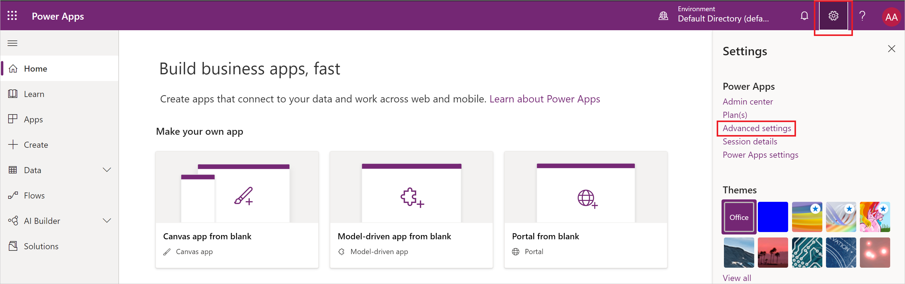 Cuplikan layar menu Power Apps Pengaturan dengan Pengaturan lanjutan disorot.