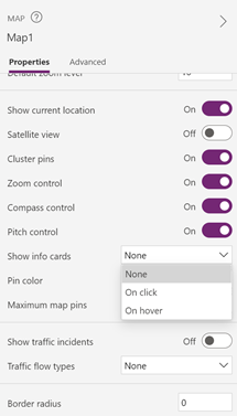 Tangkapan layar dari panel Properti kontrol peta dengan properti Tampilkan kartu informasi terbuka untuk menampilkan pilihan Klik dan hover.