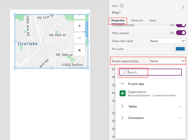 Tangkapan layar yang menunjukkan cara mencari titik arah sumber data untuk tersambung ke kontrol peta di Power Apps Studio.